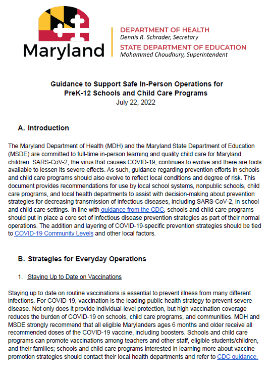 This is a letter from State Superintendent to Local Schools regarding guidance to support safe in-person operations for PK-12 schools and child care programs.